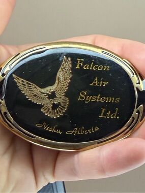 Vintage 1988 Nisku Alberta Falcon Air Systems LTD. Brass Belt Buckle